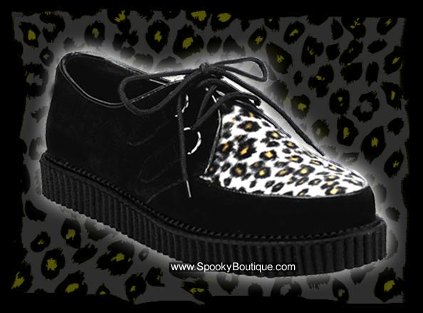 CREEPER-600 - Black Suede & Leopard Fur Creepers Shoes